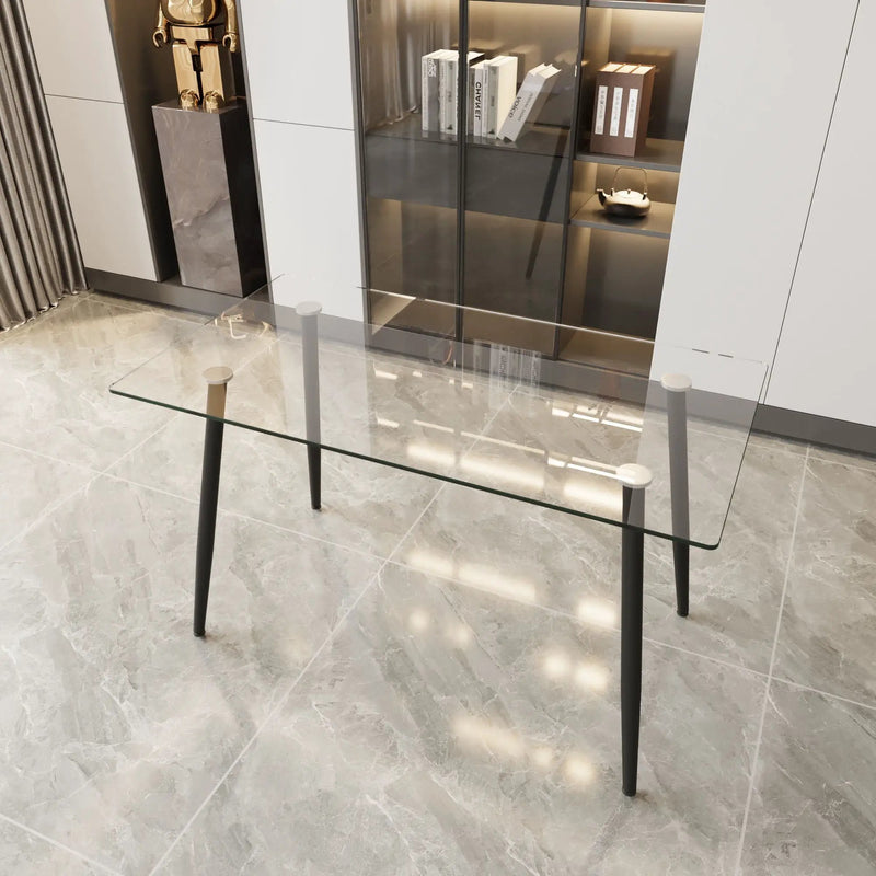 Modern Minimalist Rectangular Glass Dining Table With Tempered Glass Top Metal Legs, For 4 - 6 - Transparent by HouseOfZazla