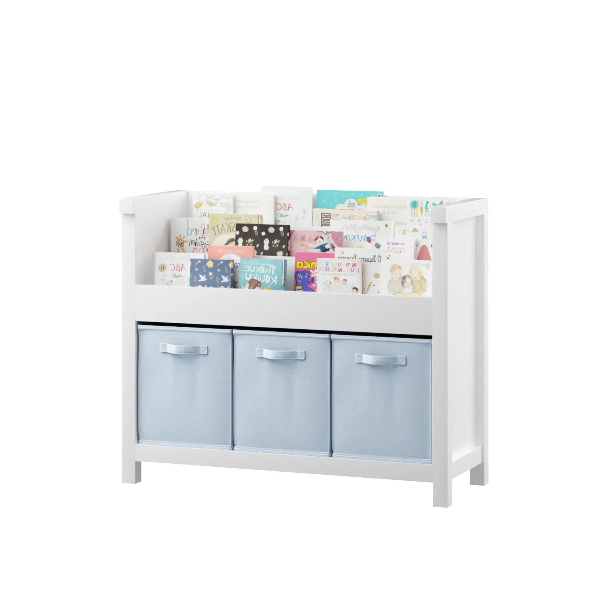 Bookshelf With 3 Tier Front Facing Storage And 3 Bins, Toddler Bookcase For Playroom - White by HouseOfZazla