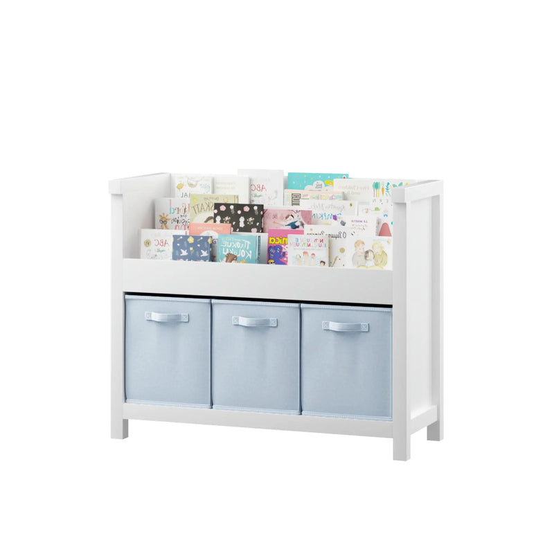 Bookshelf With 3 Tier Front Facing Storage And 3 Bins, Toddler Bookcase For Playroom - White by HouseOfZazla