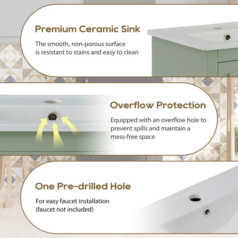 Modern Small Bathroom Vanity Cabinet With Ceramic Basin, Ample Storage, 1 Soft Close Door by Unique Piece Furniture