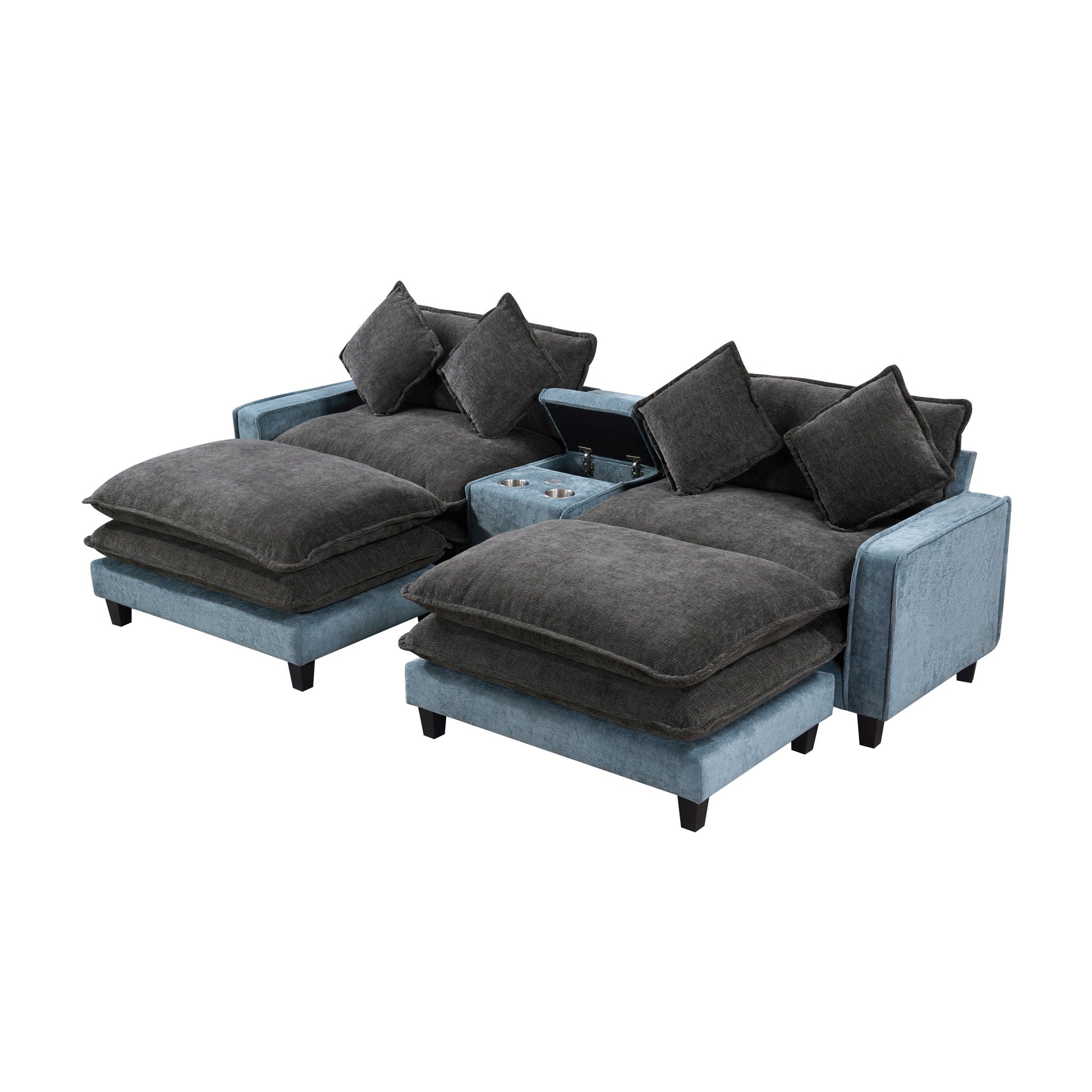Sectional Sofa With Removable Ottomans, USB Ports, Cup Holders & Storage - Gray / Light Blue by HouseOfZazla
