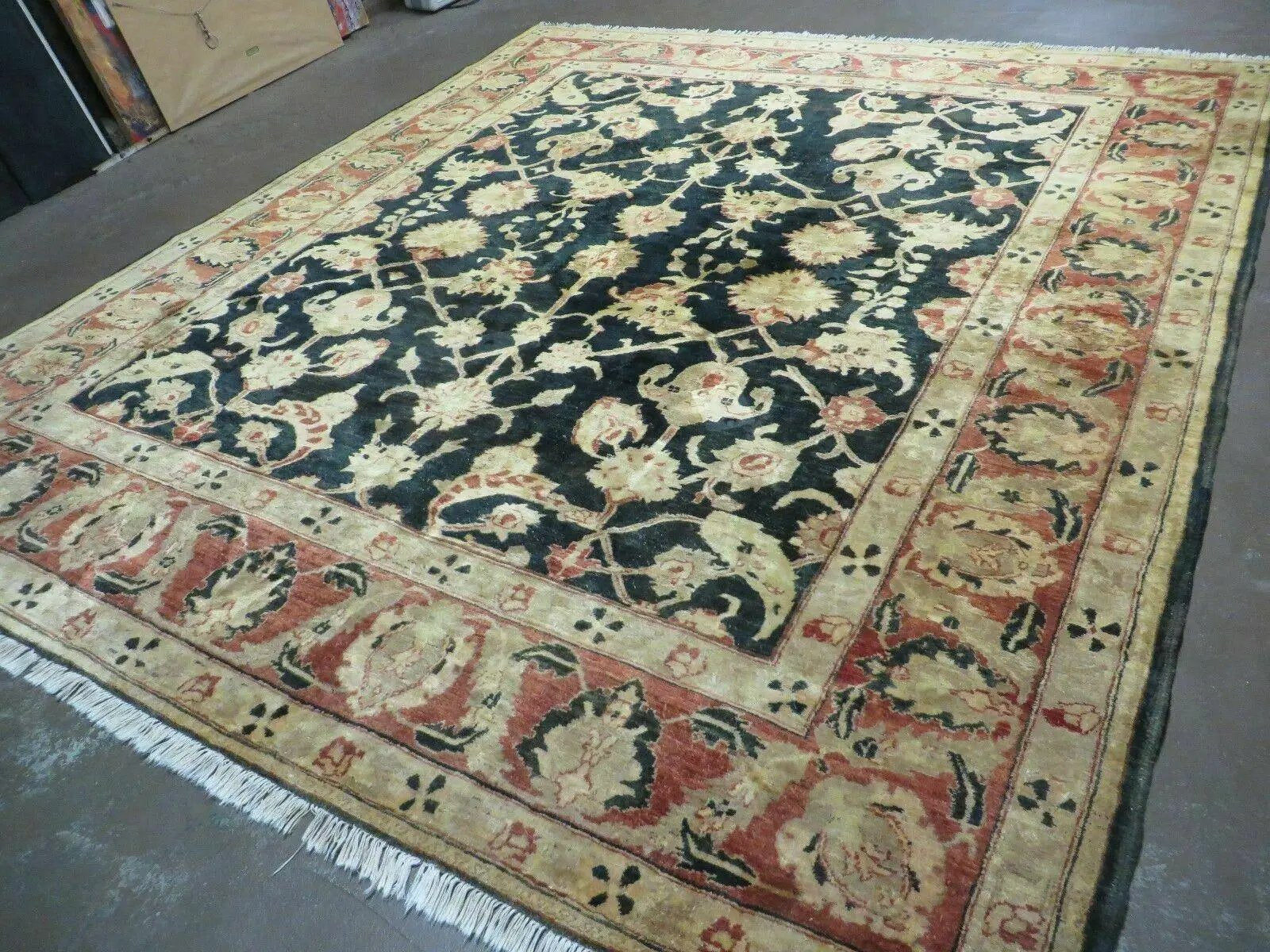 8' X 9' Handmade Pakistan Wool Cotton Rug Peshawar Black Floral Nice # 200C by Jewel Rugs