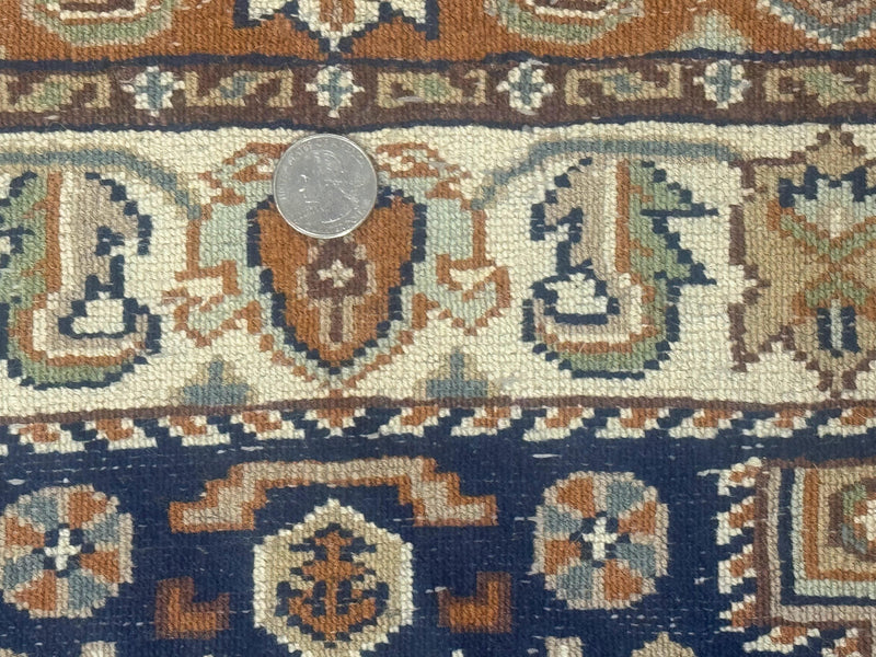 Indo Persian Runner Rug 2.6 x 12.7, Indian Kashmiri Runner for Hallway or Kitchen, Navy Blue, Geometric Medallions, Handmade Wool by Jewel Rugs
