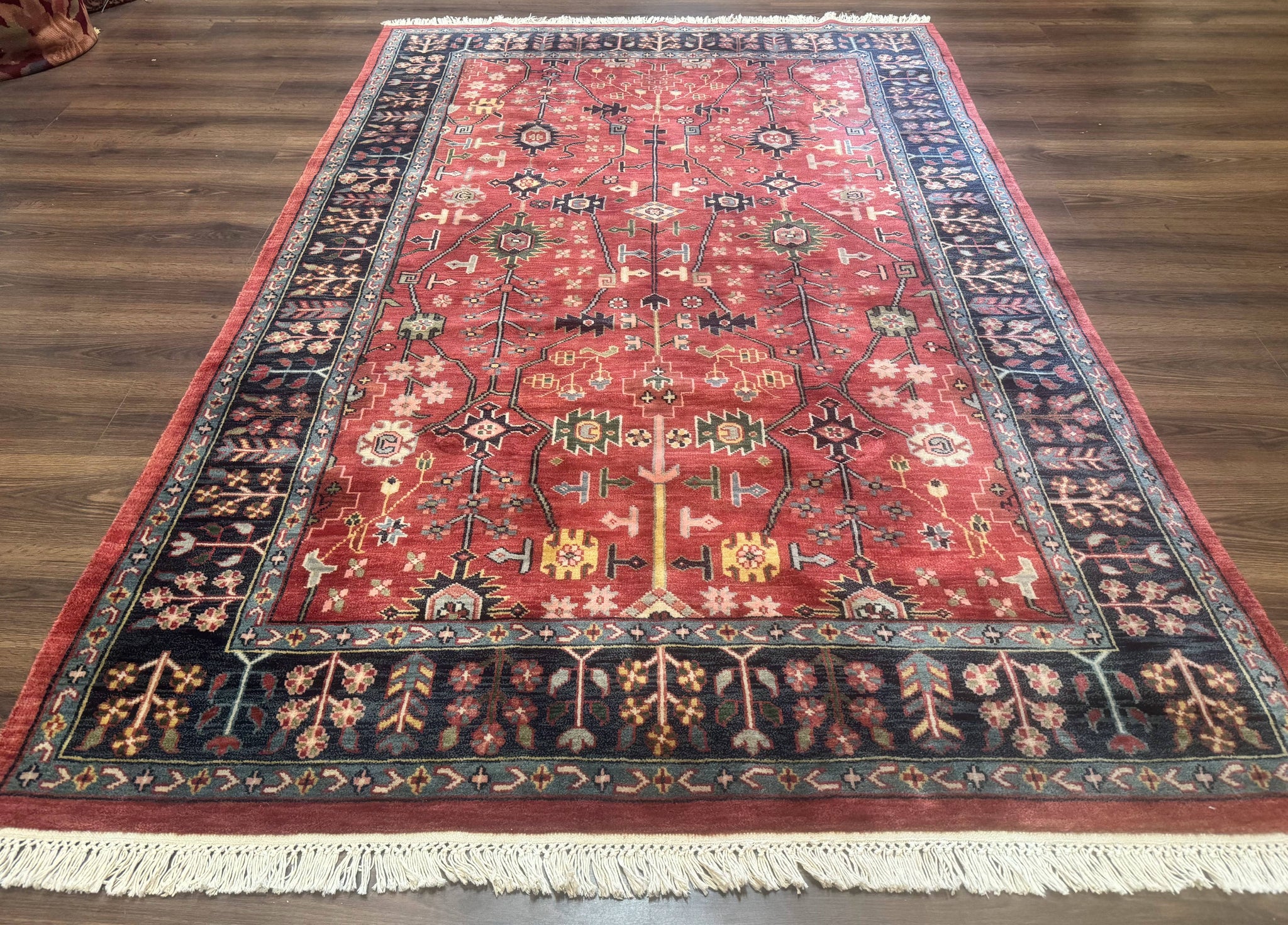 Indo Persian Heriz Serapi Rug 6x8, Rust Red and Navy Blue, Allover Pattern by Jewel Rugs