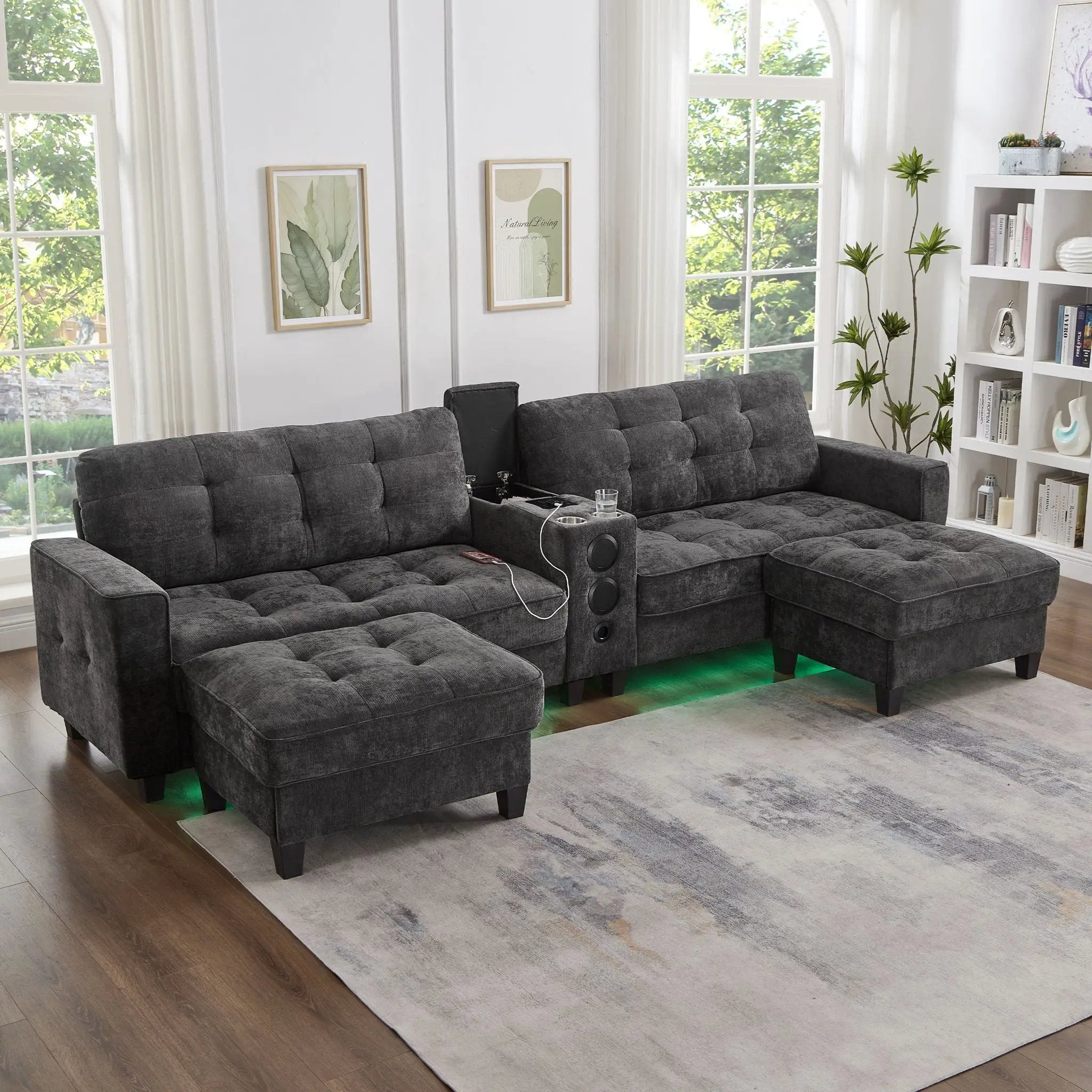 Modern Sectional Sofa U-Shaped With Movable Ottomans, Bluetooth Speakers, LED Lights And Modular Storage by HouseOfZazla