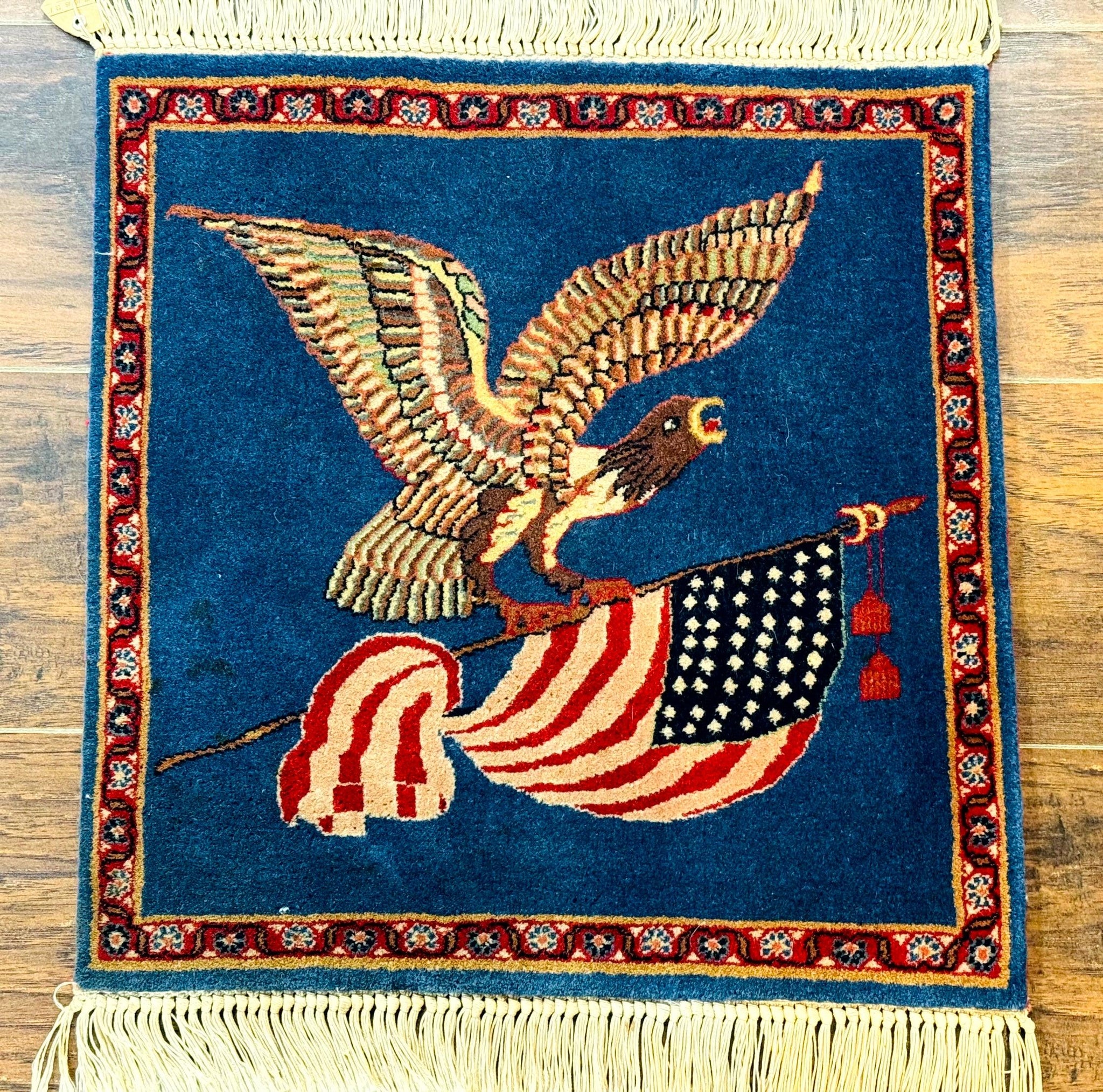 Pictorial Rug of American Flag with Bald Eagle, Small Indo Persian Pictorial Rug, Blue, Handmade, Very Fine 330 KPSI by Jewel Rugs