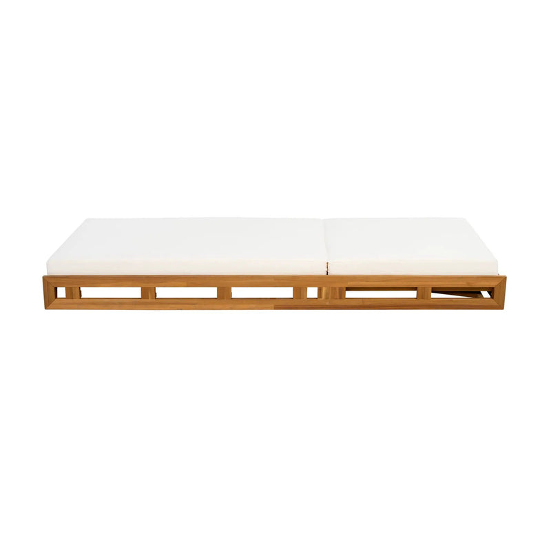 Premium Acacia Wood Lounge Chaise Set With Water Resistant Cushions, Adjustable Recline - Cream / Teak by HouseOfZazla