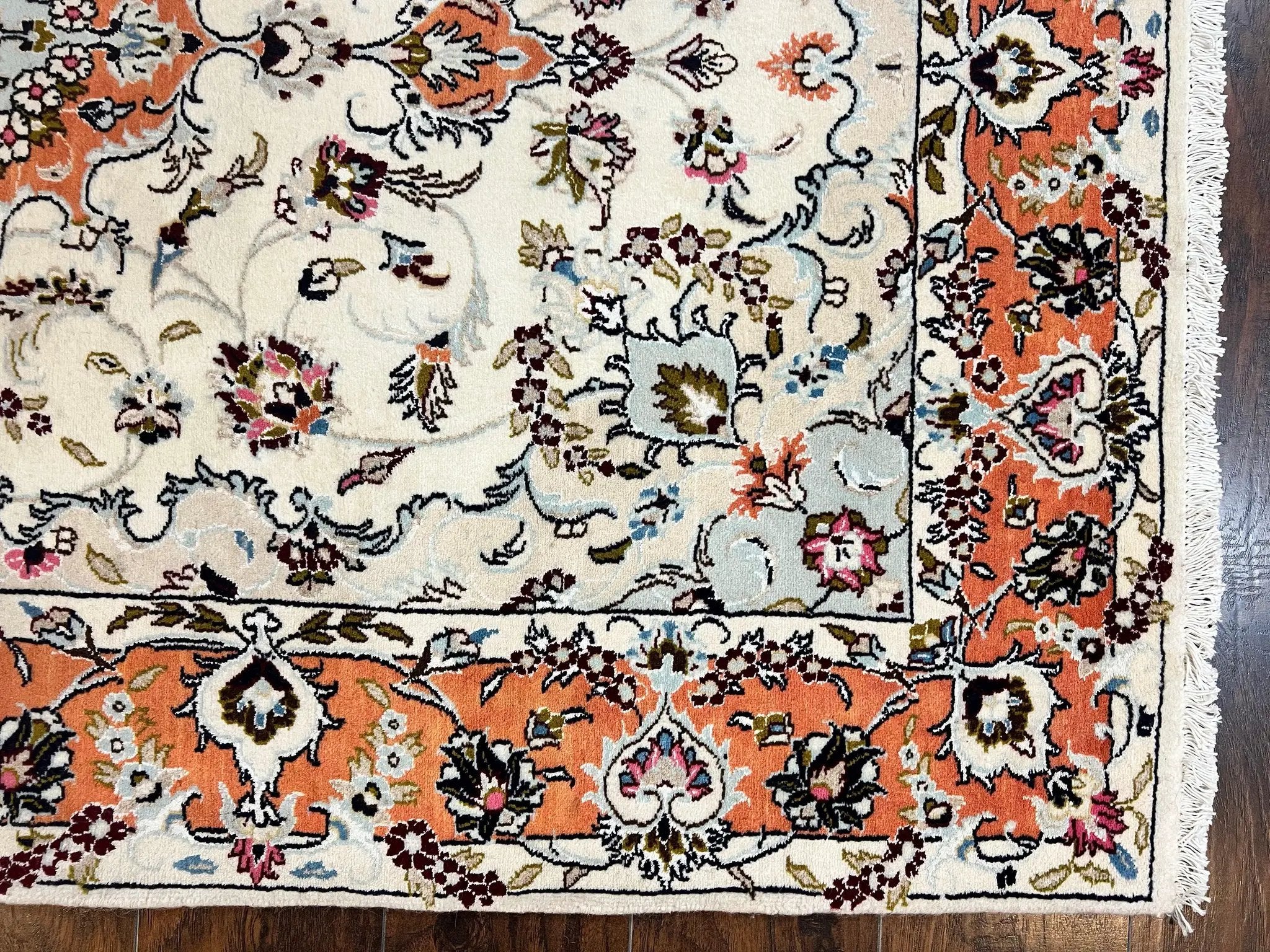 Persian Tabriz Rug 4.5 x 6.8, Finely Hand Knotted Wool with Silk Highlights Vintage Oriental Carpet, Cream and Salmon, High KPSI, Floral Medallion by Jewel Rugs