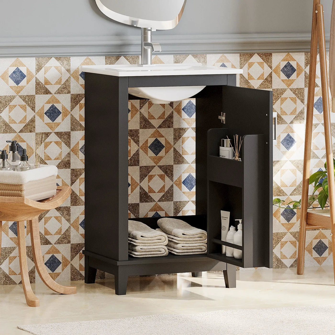 Modern Small Bathroom Vanity Cabinet With Ceramic Basin, Ample Storage, 1 Soft Close Door by Unique Piece Furniture