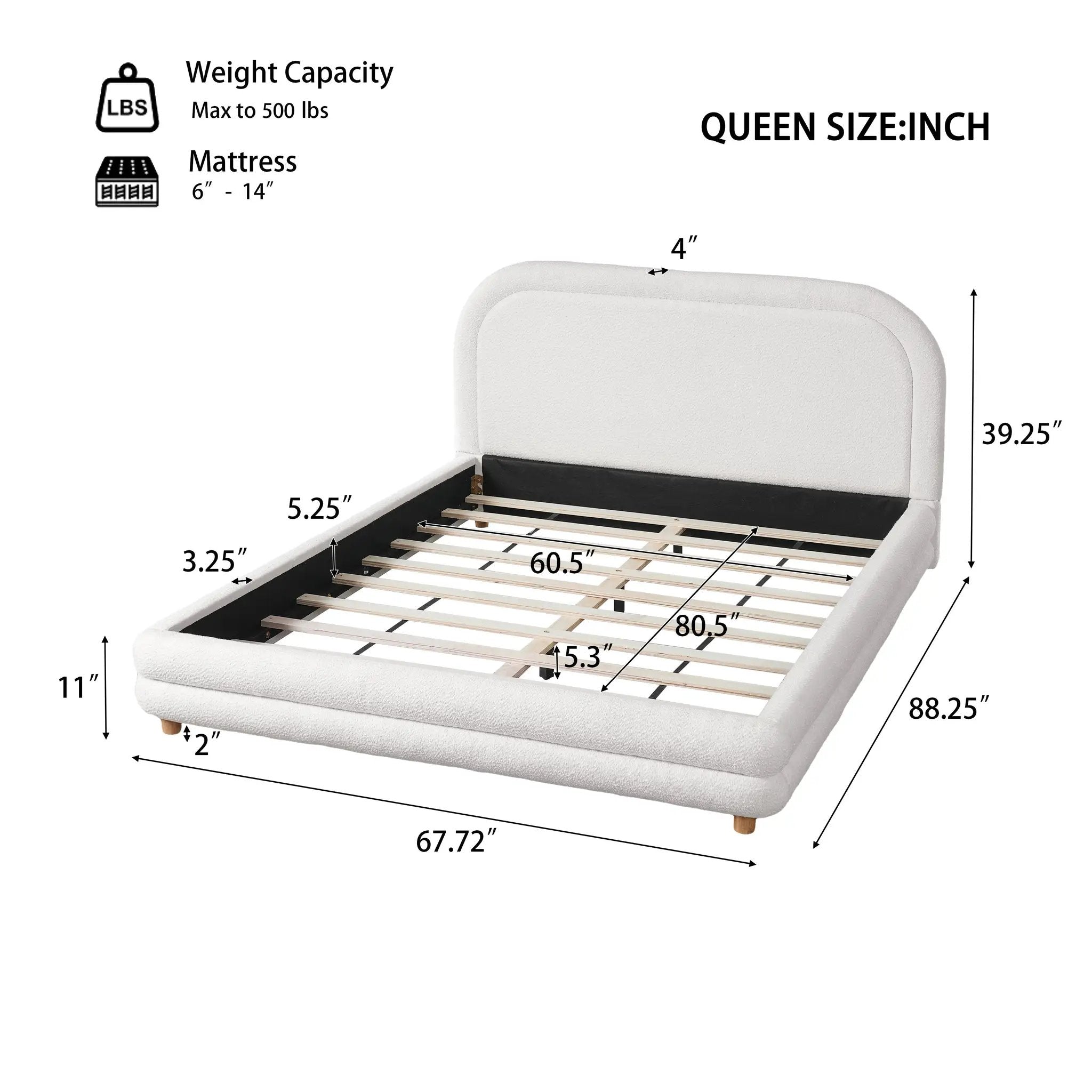 Queen Size Bed Frame With Boucle Upholstered Thick Curved Headboard, Solid Wood Legs by HouseOfZazla
