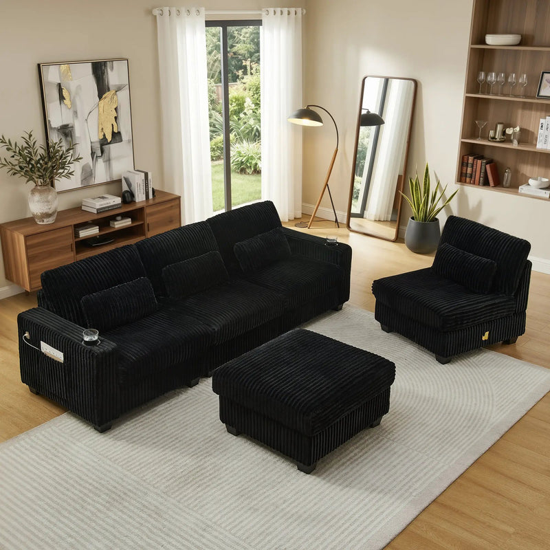 L-Shaped Corduroy Modular Sectional Sofa with Detachable Footrest by HouseOfZazla