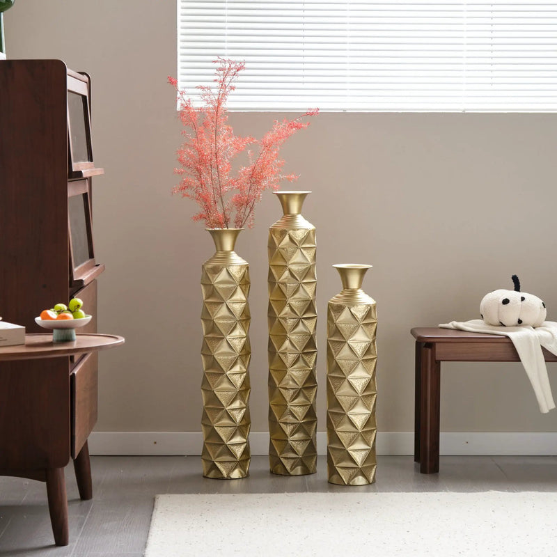 Metal Decorative Vase High Distress Metal Center Vase With 3D Triangle Pattern, (Set of 3) Vases For Home Decoration - Gold by HouseOfZazla
