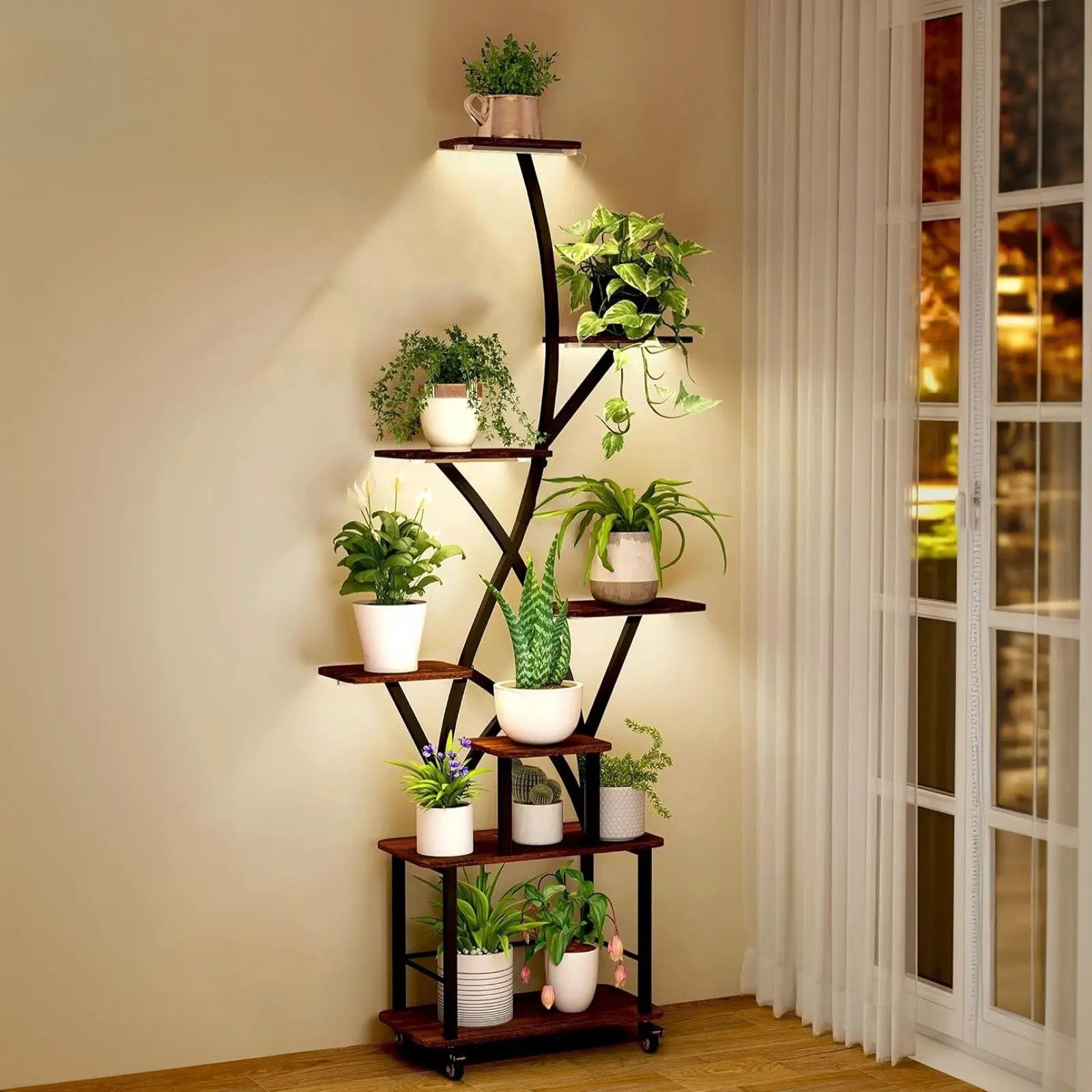 Plant Stand Indoor With Grow Light, 8 Tiered Tall Indoor Plant Shelves For Multiple Plants - Walnut / Black by Unique Piece Furniture