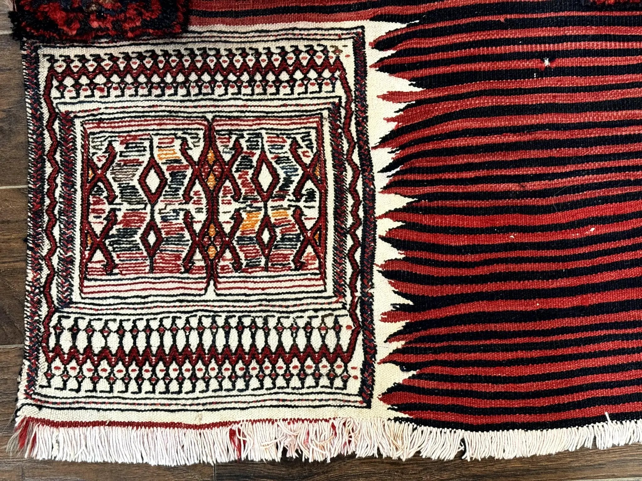 Persian Tribal Nomadic Saddle Cover Rug, Antique, Handmade, Wool, Red Ivory Black, Collectible, Shahsavan by Jewel Rugs