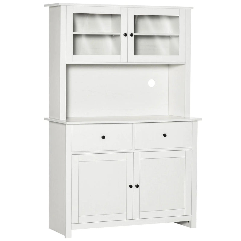 Homcom - 63.5" Kitchen Buffet With Hutch, Pantry Storage Cabinet With 4 Shelves, Drawers, Framed Glass Doors, Open Microwave Countertop - Antique White by Unique Piece Furniture