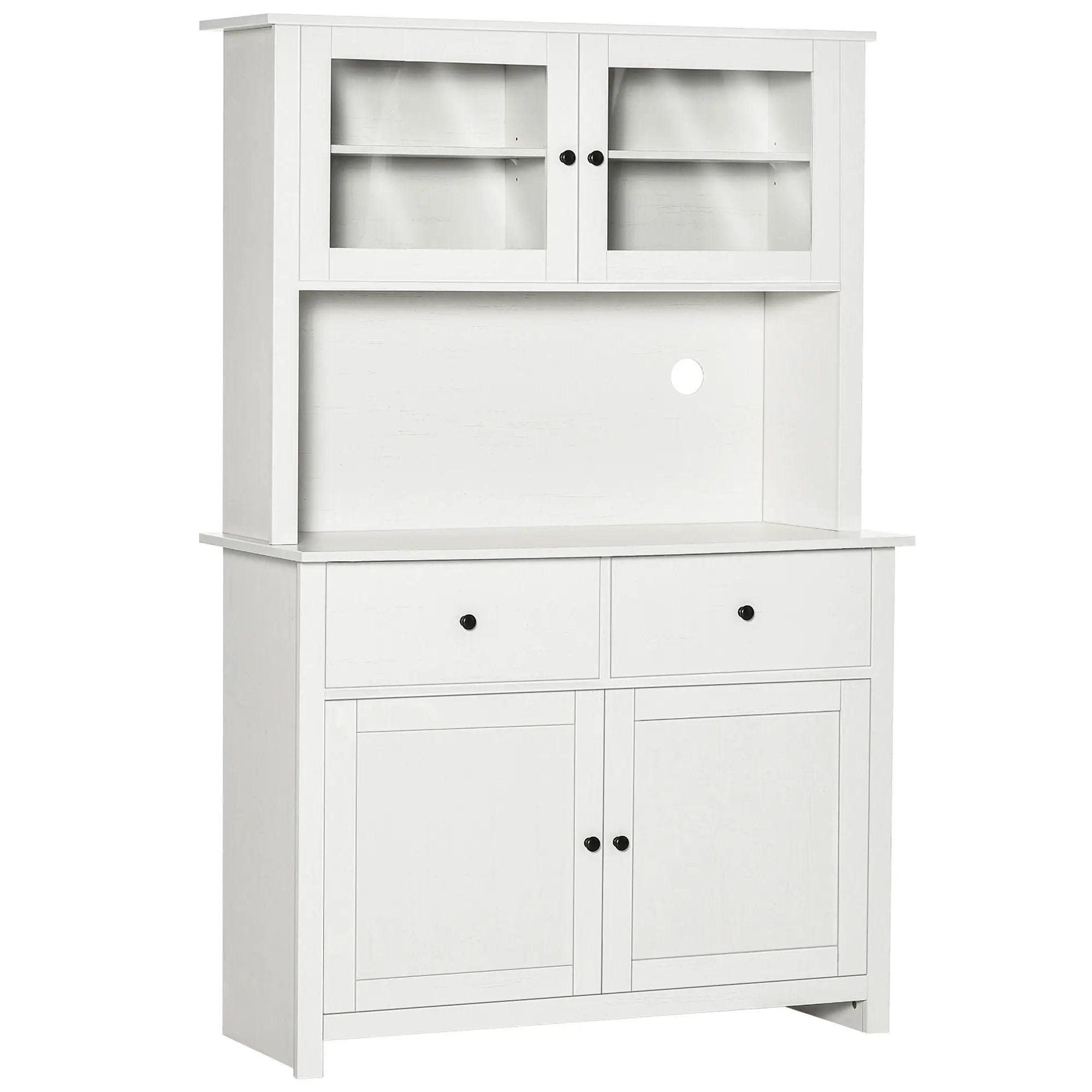 Homcom - 63.5" Kitchen Buffet With Hutch, Pantry Storage Cabinet With 4 Shelves, Drawers, Framed Glass Doors, Open Microwave Countertop - Antique White by HouseOfZazla