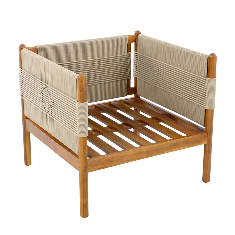 Outdoor Acacia Wood Club Chair with Diamond Rope Weave & Cushions, Teak Finish by HouseOfZazla