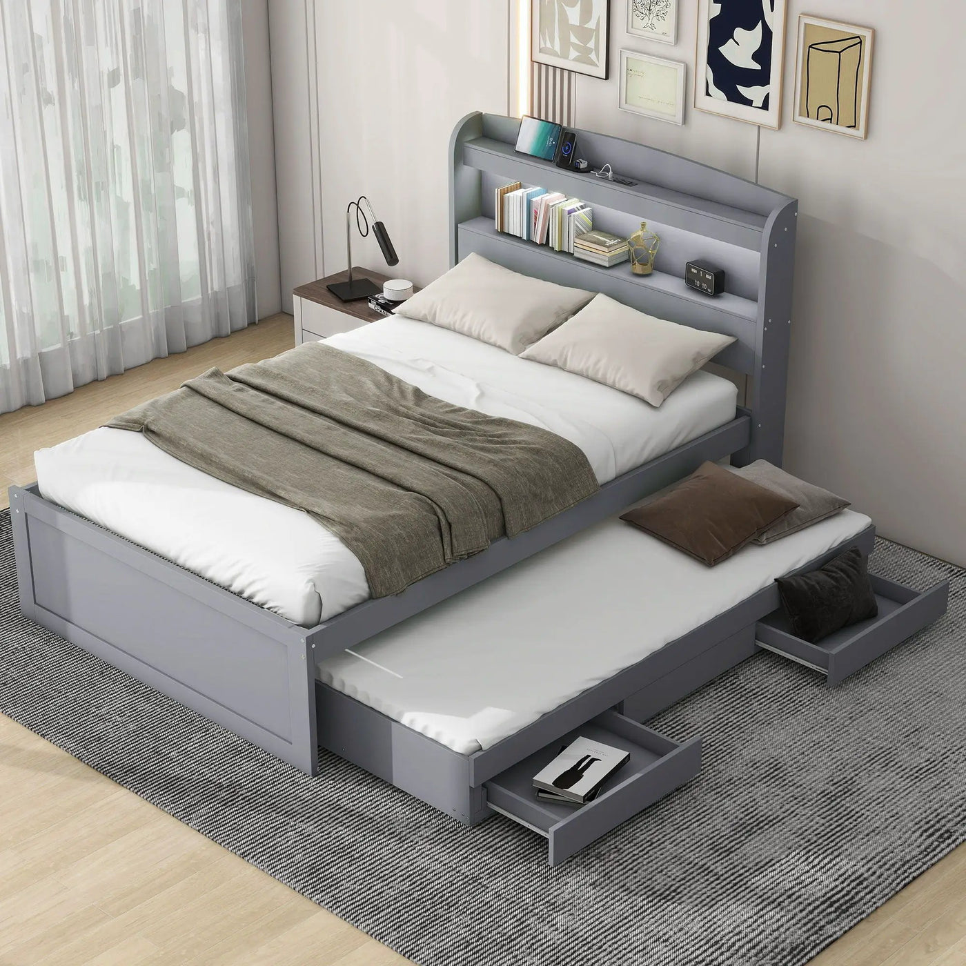 Platform Bed With LED Headboard, Charging Station, Trundle And 2 Drawers by Unique Piece Furniture