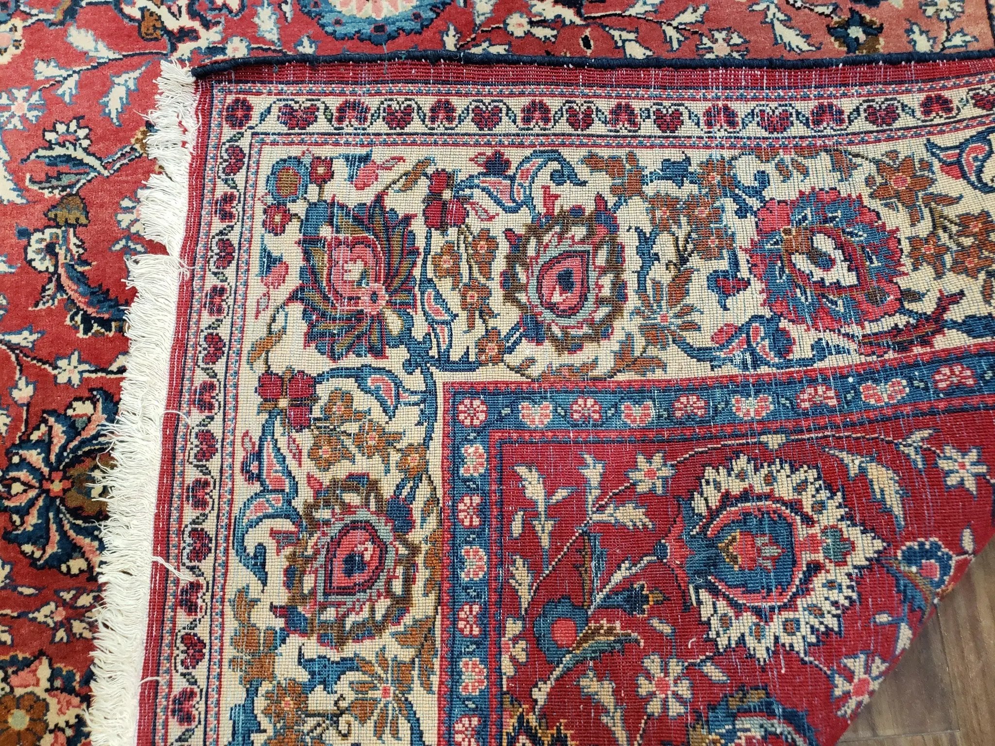 Semi Antique Persian Kashan Rug, Red & Beige, Hand-Knotted, Wool, 4'7" x 6' 6", Pair B by Jewel Rugs
