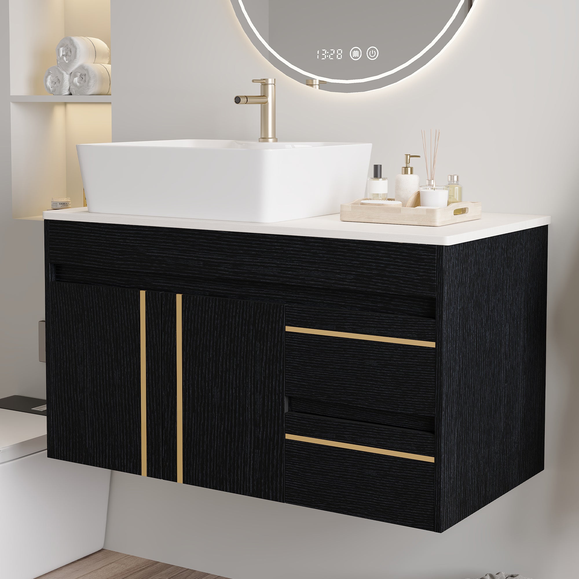 36" Wall-Mounted Bathroom Vanity with Vessel Ceramic Sink & Plywood Countertop by HouseOfZazla