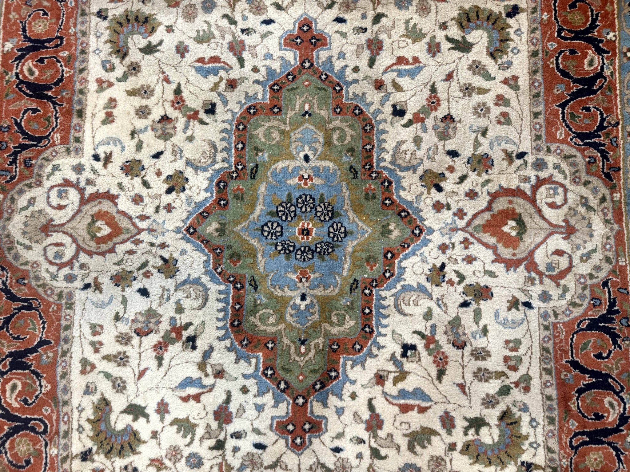 Indo Persian Rug 9x12, Ivory Red Green, Traditional Oriental Carpet by Jewel Rugs