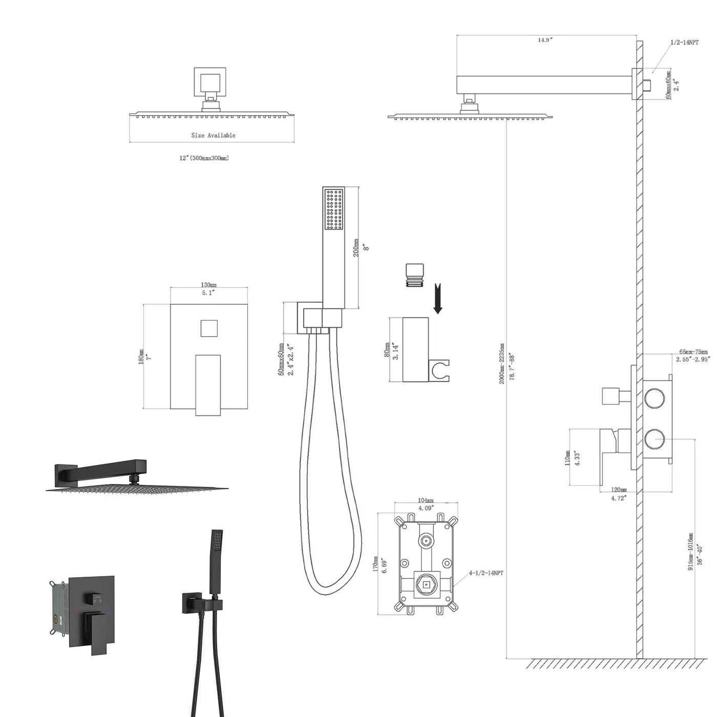 Dual Shower Head System With 12" Square Rain Shower And Rough In Valve by HouseOfZazla