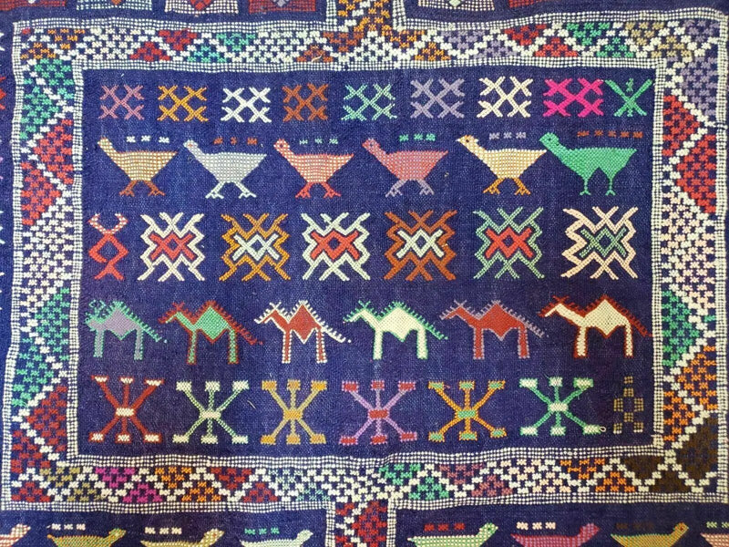 3' X 7' Vintage Handmade Indian Wool Kilim Flat weave Rug Camel Birds Blue Geometric Short Runner by Jewel Rugs