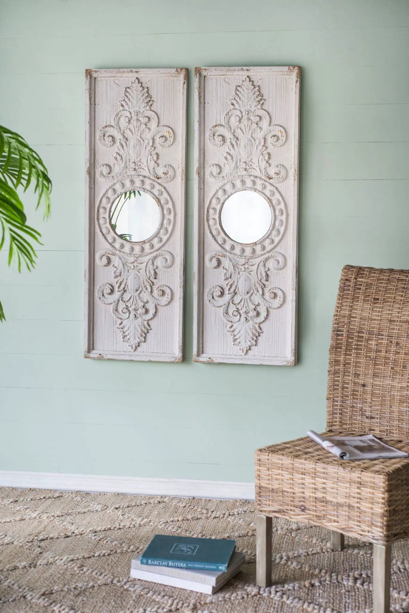Large Wooden Wall Art Panels With Distressed Round Mirror Accents (Set of 2) - White by HouseOfZazla
