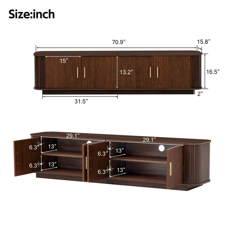70" TV Stand With Ample Storage, Refined Curved Corners - Dark Brown by Unique Piece Furniture
