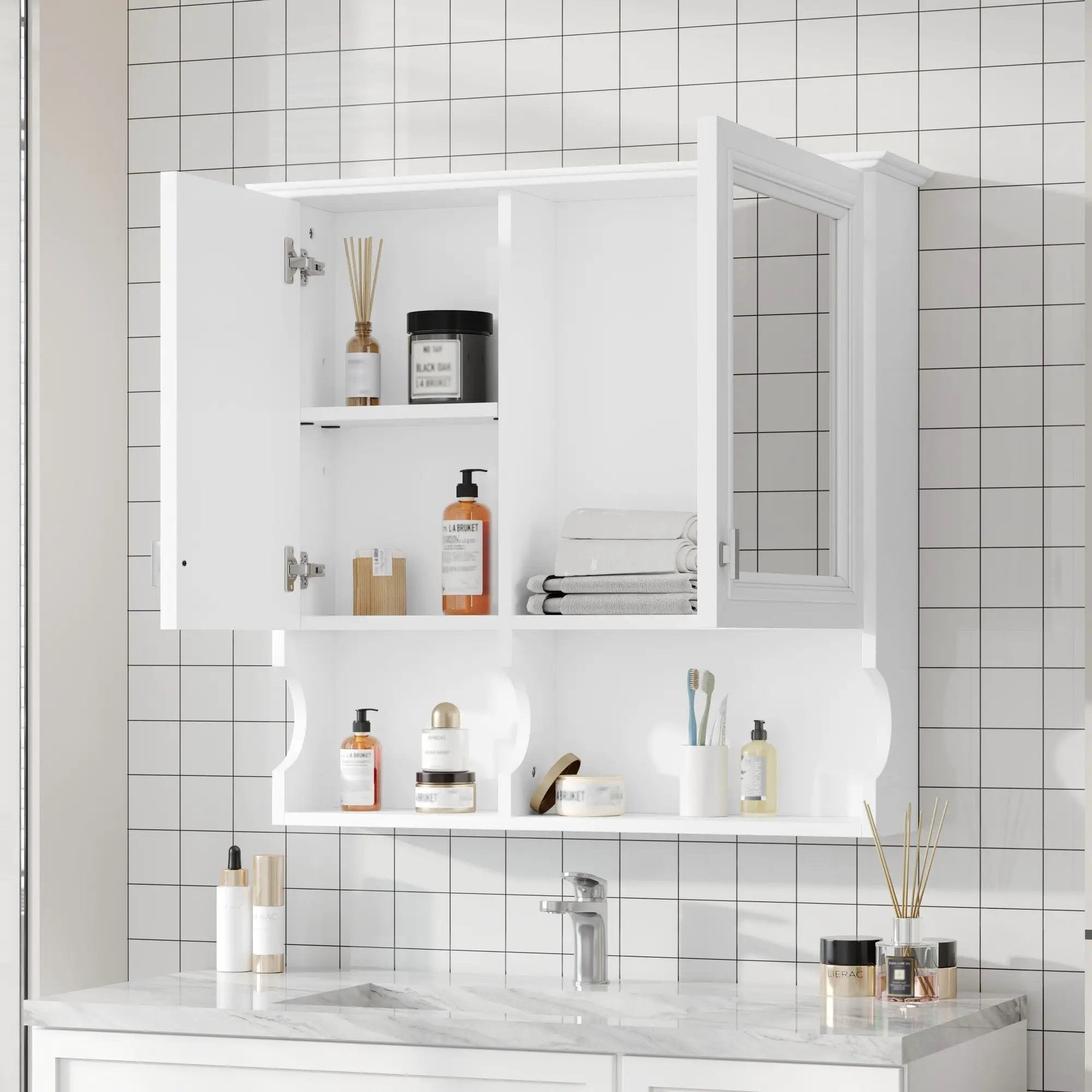Wall Mounted Mirror Medicine Cabinet, Bathroom Storage With Doors And Open Shelves by Unique Piece Furniture
