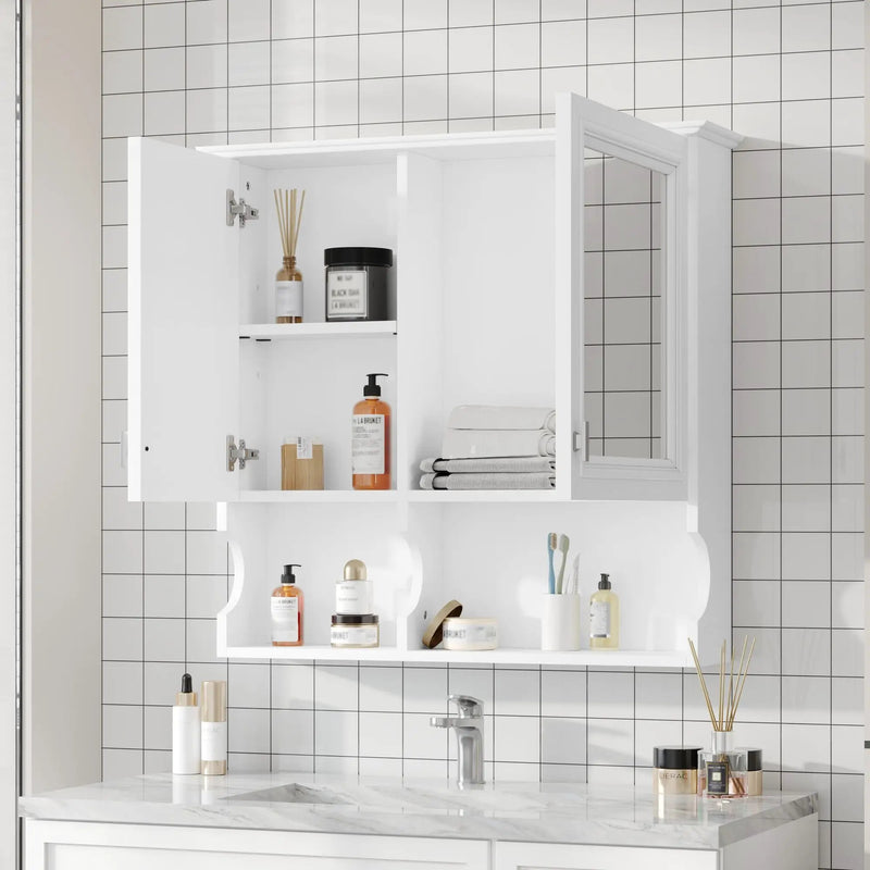 Wall Mounted Mirror Medicine Cabinet, Bathroom Storage With Doors And Open Shelves by HouseOfZazla
