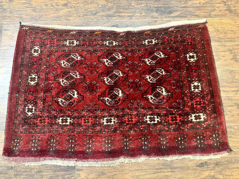Antique Afghan Turkoman Mafrash Rug 3x5, Red, Hand Knotted, Wool, Tribal Collectible by Jewel Rugs
