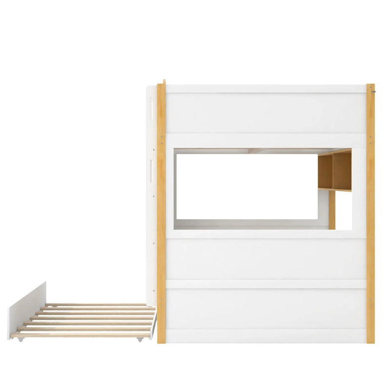 Full Over Full Bunk Bed With Storage Shelves And Trundle - White / Natural by HouseOfZazla