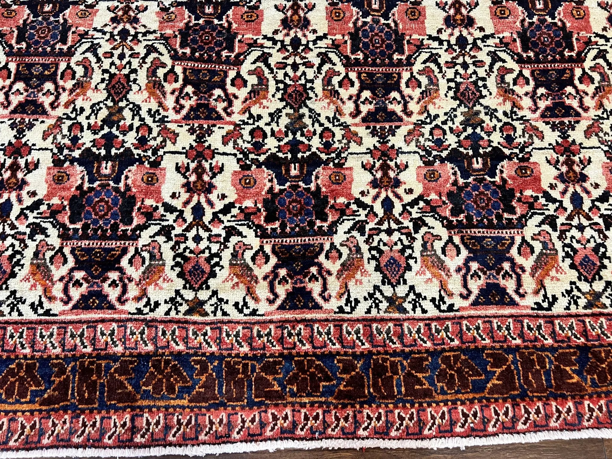 Persian Afshar Rug 6x8, Wool Hand Knotted Semi Antique Vintage Carpet, Floral Allover, Repeated Birds Flowers Vases Motifs by Jewel Rugs