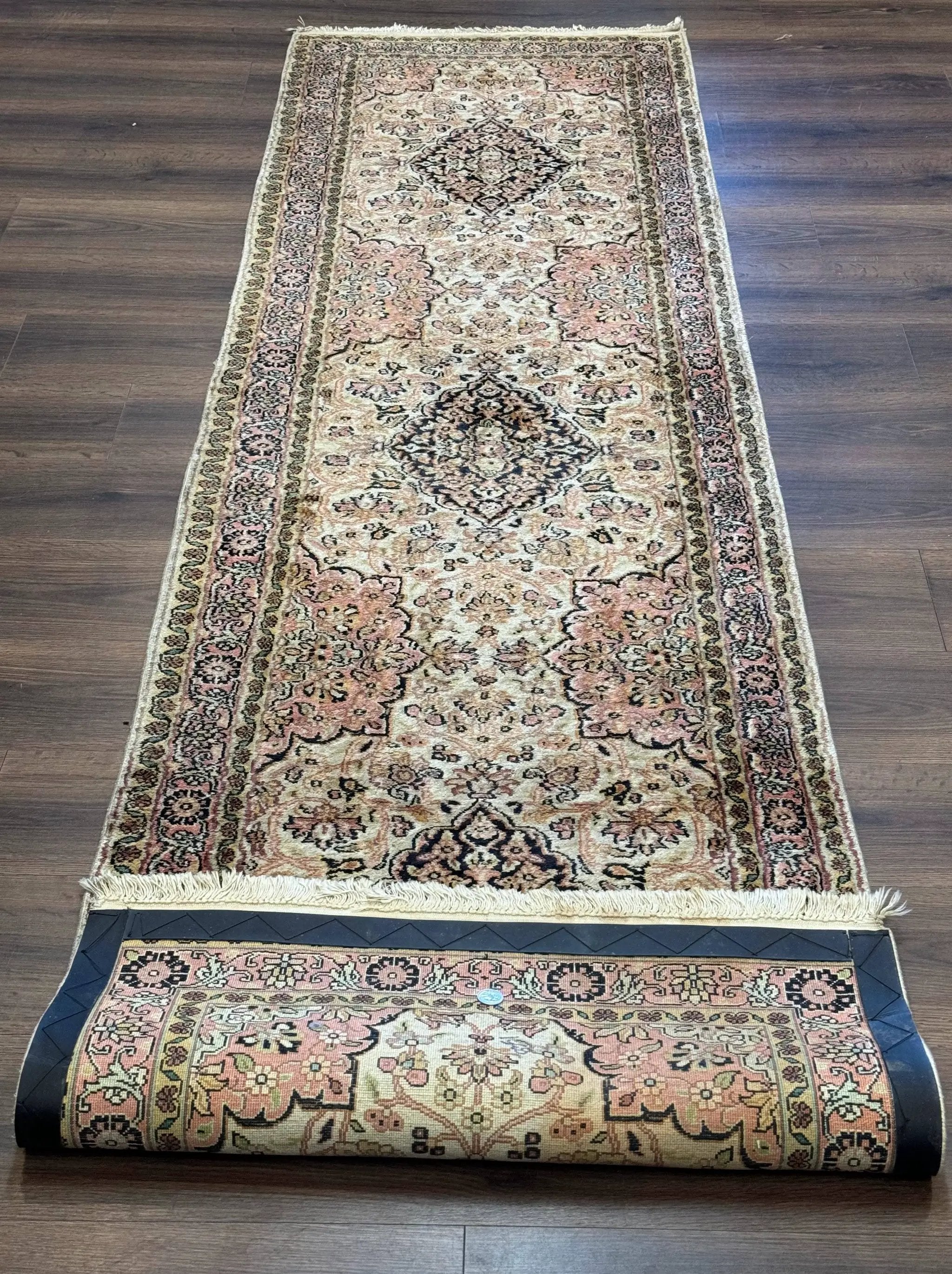 Silk Indian Kashmiri Runner Rug 2.7 x 9.8, Floral Medallions by Jewel Rugs