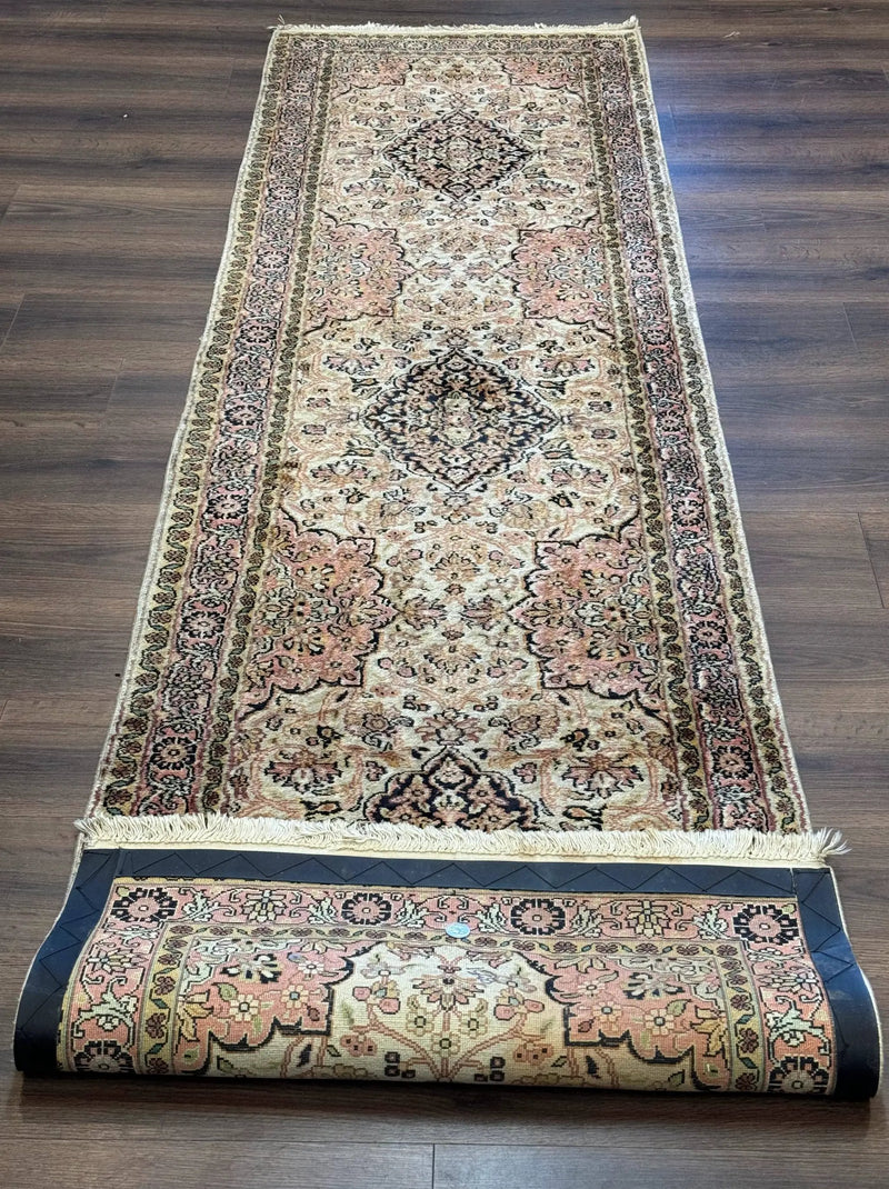 Silk Indian Kashmiri Runner Rug 2.7 x 9.8, Floral Medallions by Jewel Rugs