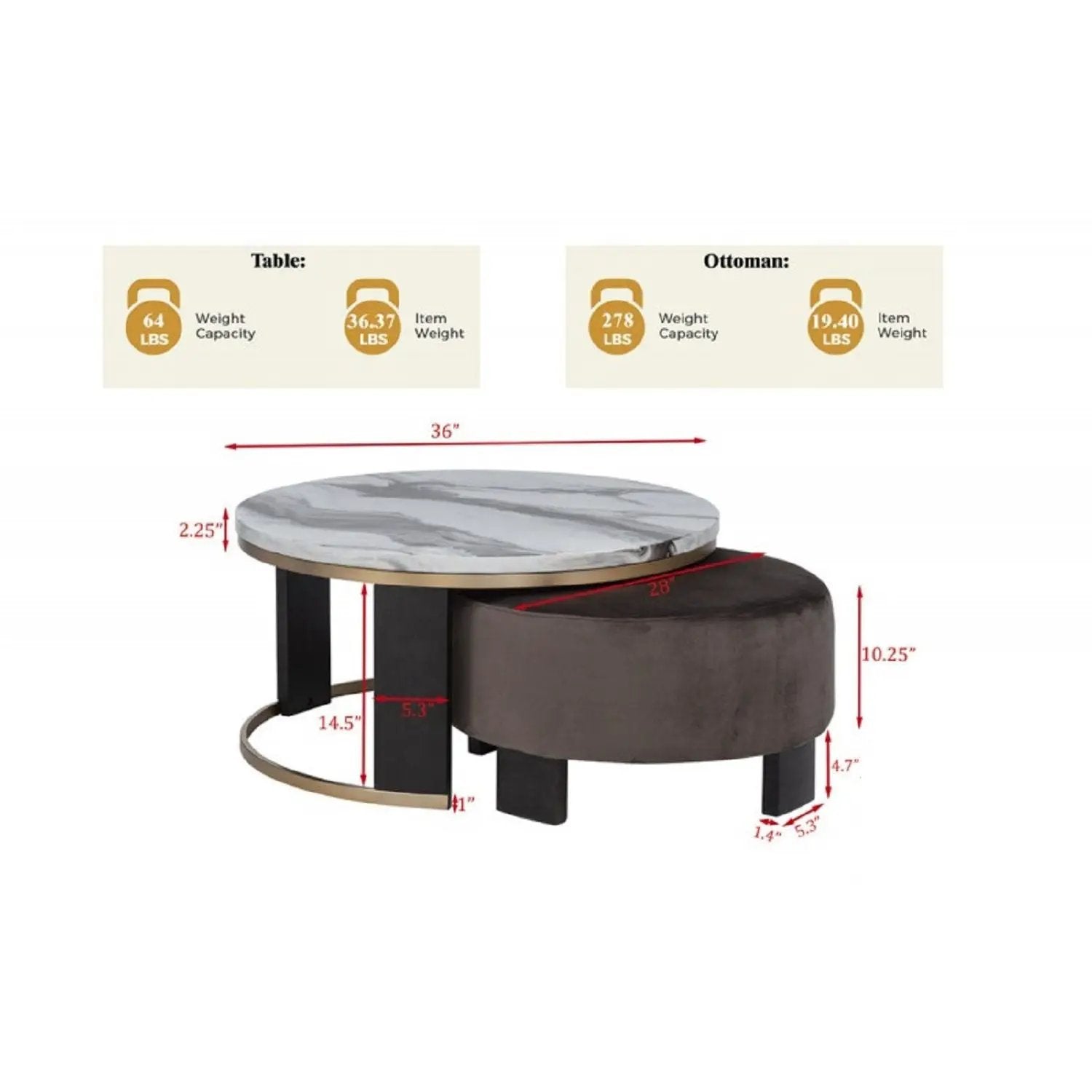 Nesting Round Coffee Table With Ottoman (Set of 2) - Gold / Brown by Unique Piece Furniture