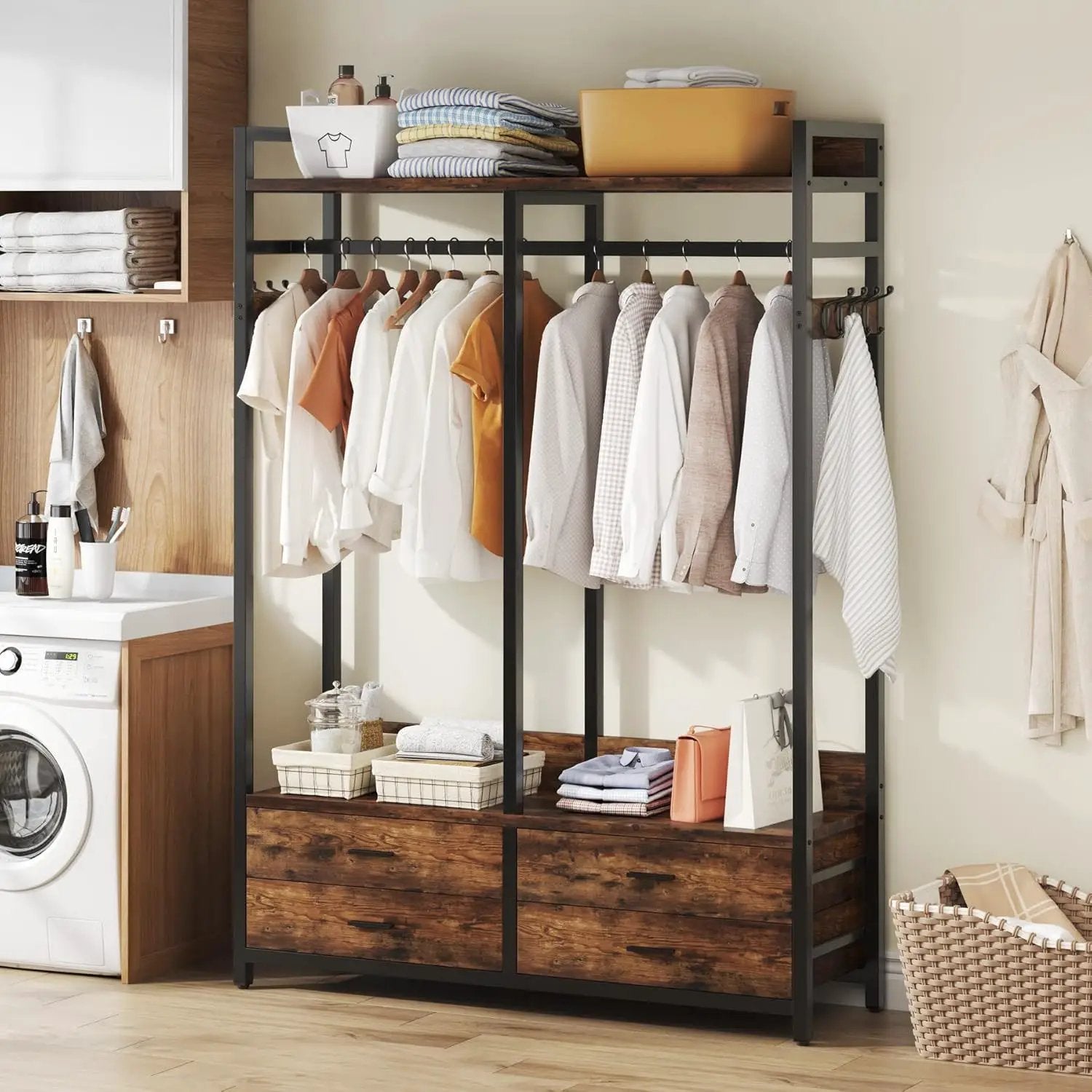 Freestanding Closet Organizer With 4 Drawers, 8 Hooks, Shelves, And Hanging Rod - Brown / Black by HouseOfZazla