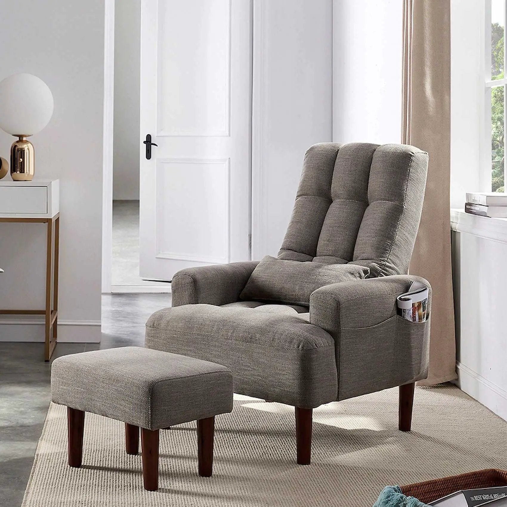 Living Room Sofa Single Chair And Ottoman, Modern Multi-Function Fabric Living Room Sofa Lounge Chair Bed And Stool. Soft Leisure Single Chair Adjustable Into 5 Angles With Sofa Bed by Unique Piece Furniture