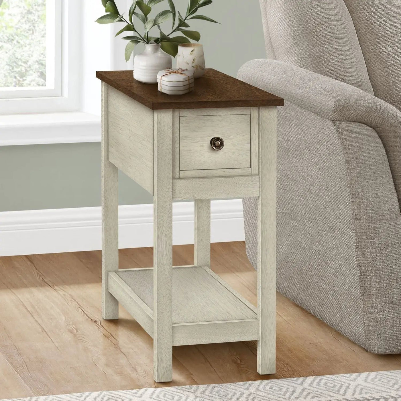 Accent End Table, 2 Tier, Narrow, Lamp, Storage Drawer, Charming Design by Unique Piece Furniture