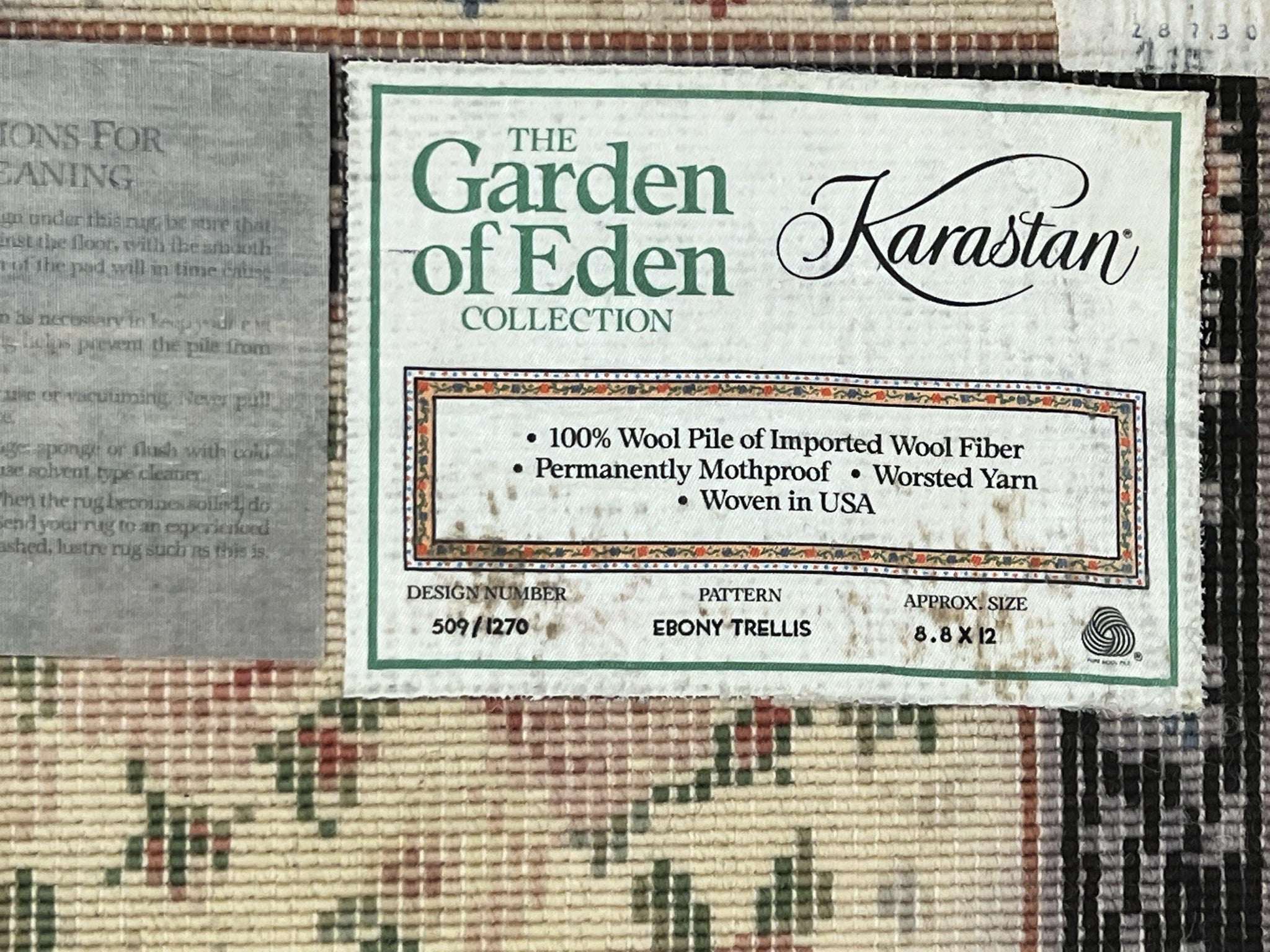 Karastan Rug 8.8 x 12, Garden of Eden #509/1270, Ebony Trellis, Vintage Discontinued Wool Pile Karastan Carpet by Jewel Rugs