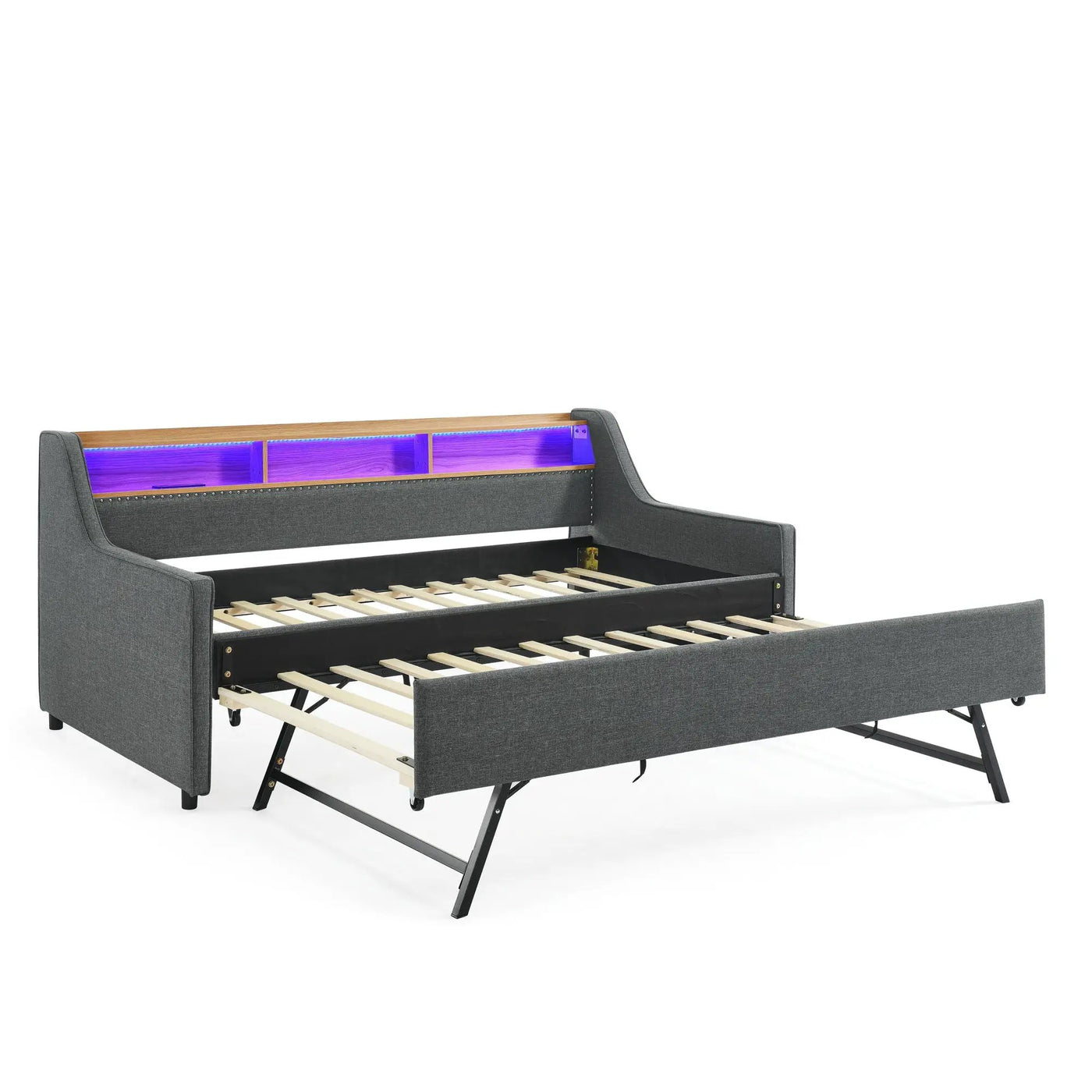 Upholstered Sofa Bed With LED Lights, Storage Headboard, Foldable Trundle & Wireless Charging by Unique Piece Furniture