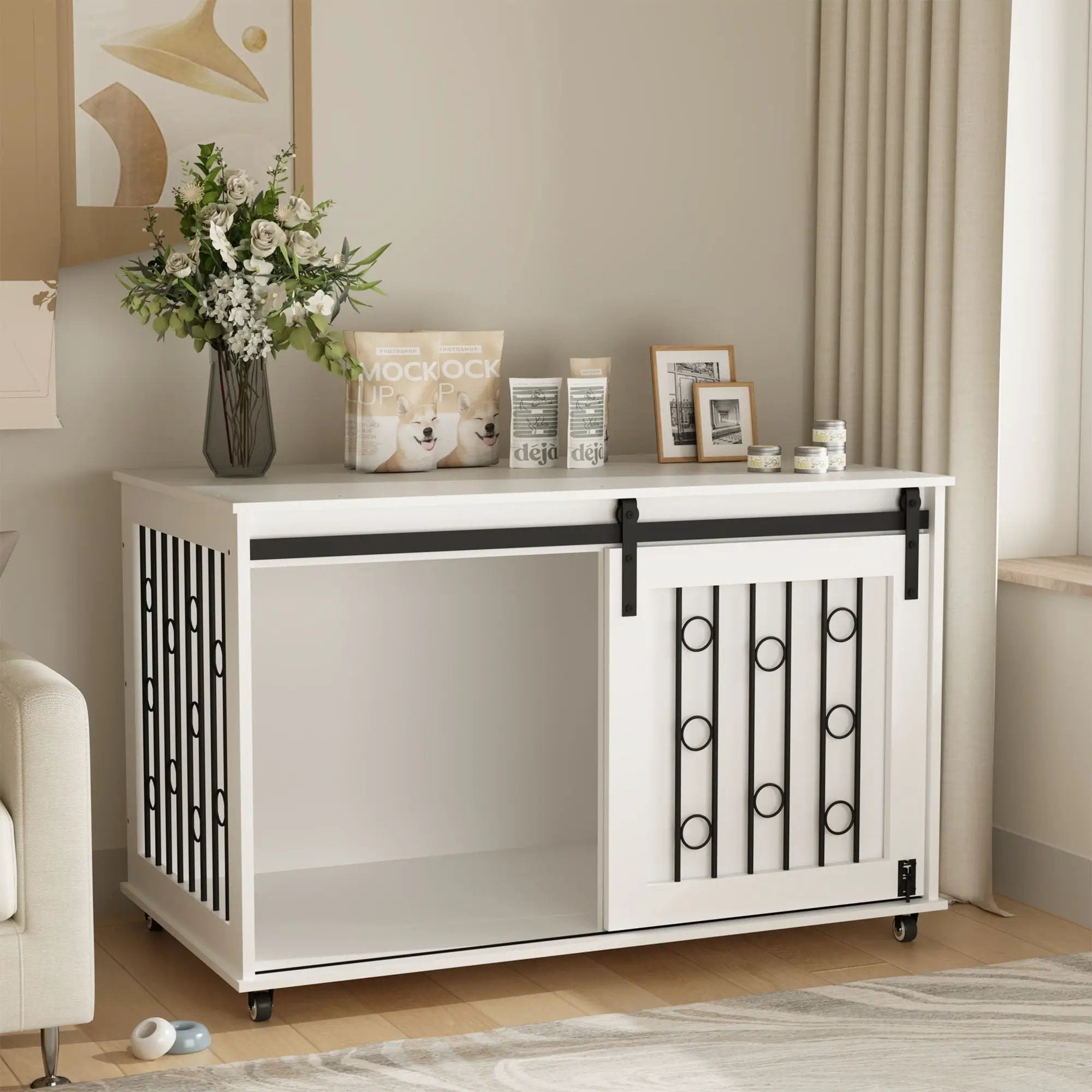 Dog Crate With Sliding Barn Door and Side Access, Lockable Wheels for Small to Medium Dogs - White by HouseOfZazla