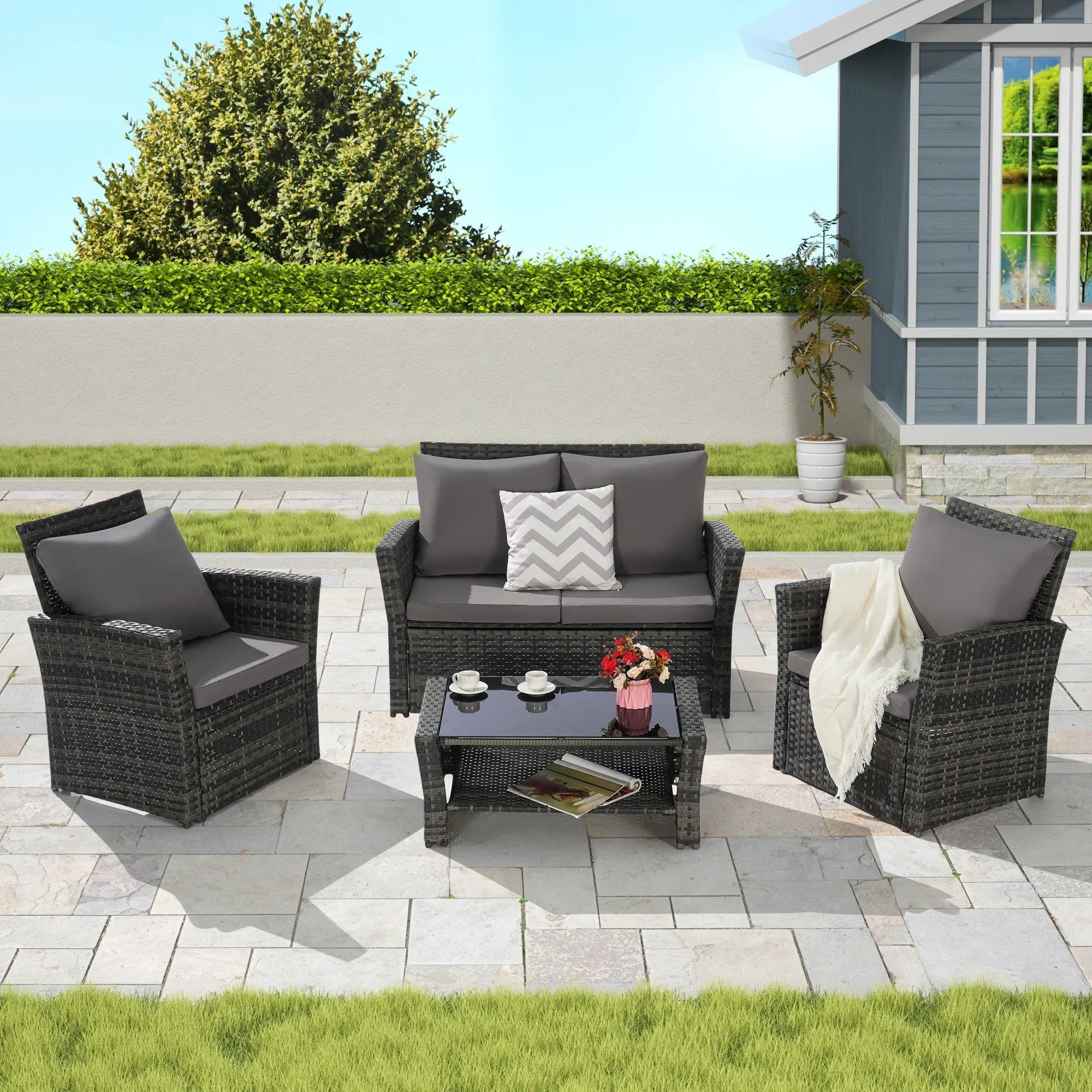 4 Pieces Outdoor Patio Furniture Sets Garden Rattan Chair Wicker Set by HouseOfZazla