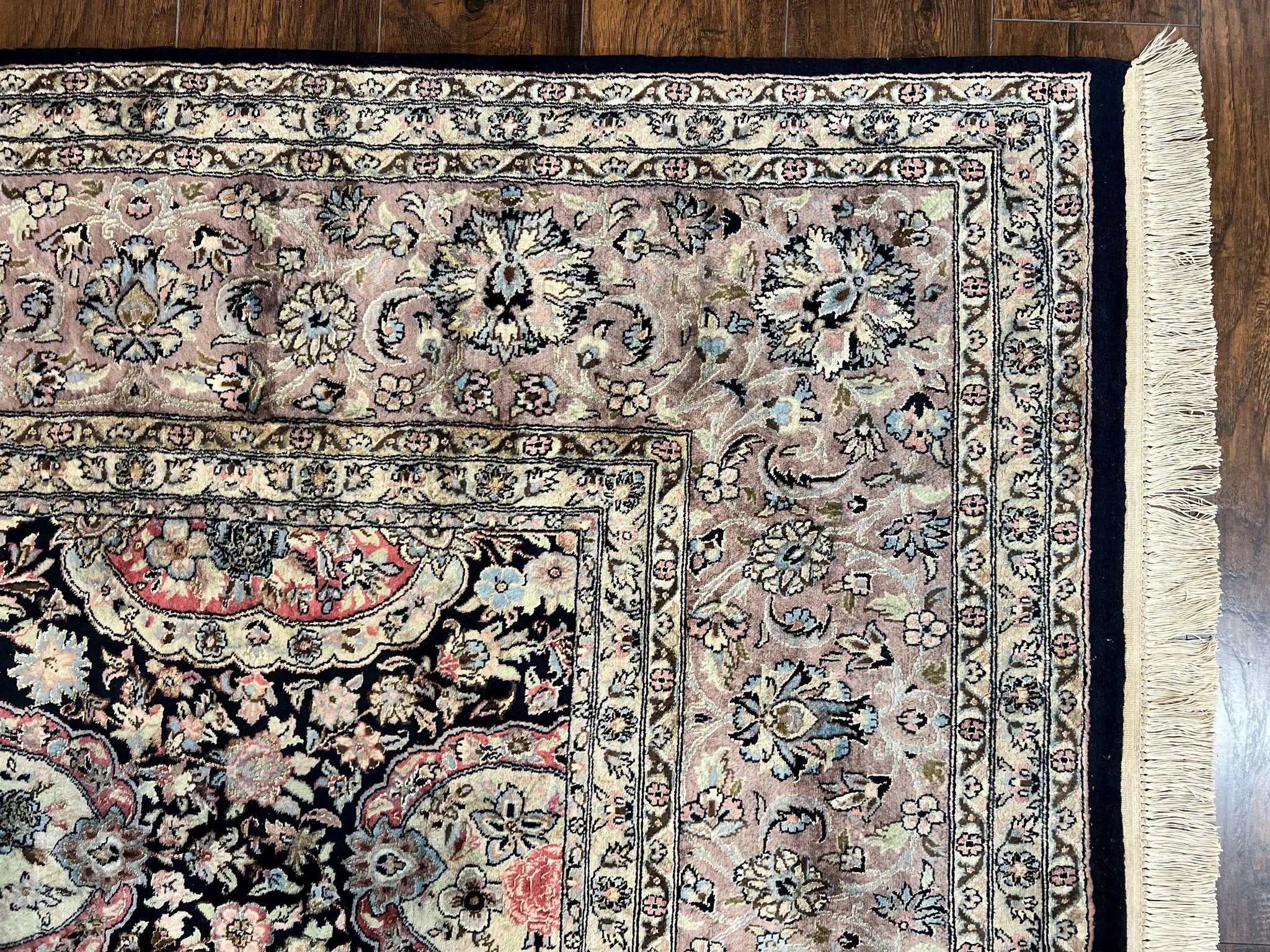 Sino Persian Rug 9x12, Navy Blue and Pink Hand Knotted Wool and Silk Highlights Vintage Oriental Carpet, Handmade Floral Area Rug 9 x 12 ft by Jewel Rugs