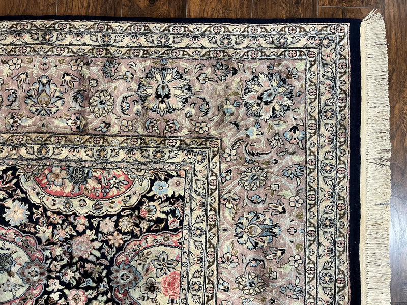 Sino Persian Rug 9x12, Navy Blue and Pink Hand Knotted Wool and Silk Highlights Vintage Oriental Carpet, Handmade Floral Area Rug 9 x 12 ft by Jewel Rugs