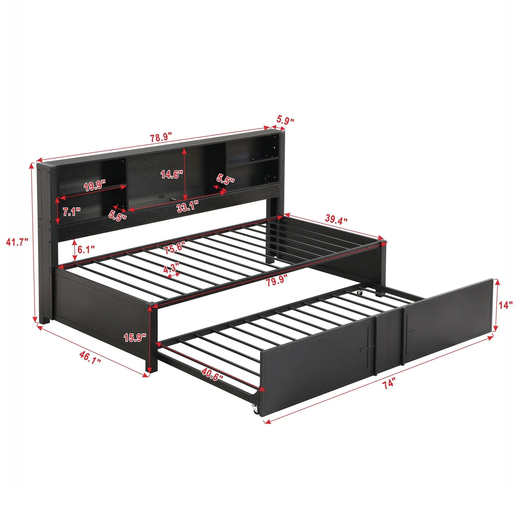Industrial Metal Daybed With Trundle, Storage Shelves, USB Ports by HouseOfZazla