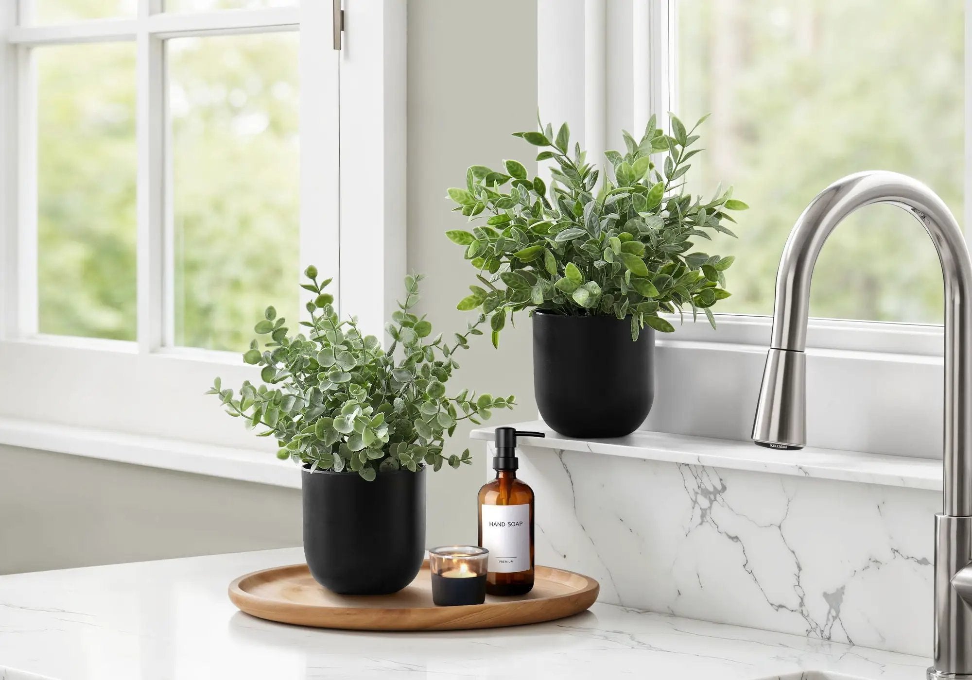 11" Tall, Artificial Plant, Eucalyptus Grass, Indoor, Faux, Fake, Table, Greenery, Potted, Decorative (Set of 2) - Green / Black by Unique Piece Furniture