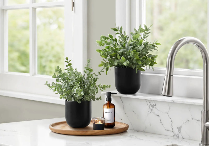 11" Tall, Artificial Plant, Eucalyptus Grass, Indoor, Faux, Fake, Table, Greenery, Potted, Decorative (Set of 2) - Green / Black by Unique Piece Furniture