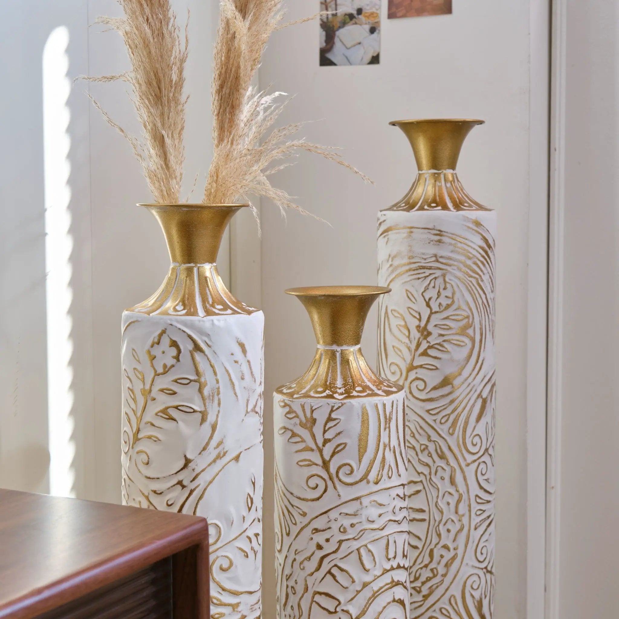 Floor Metal Vases Decorated Metal Vases (Set of 3) Gorgeous Home Decoration Large Glazed Metal Vases - White / Gold by HouseOfZazla